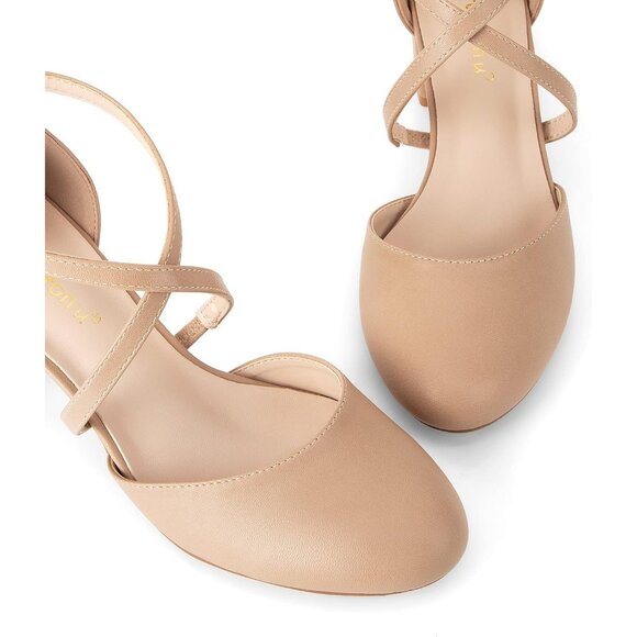 Women's Nude Synthetic Round Toe Cross Strap Low Block Heeled Dress Pumps - Picture 4 of 6